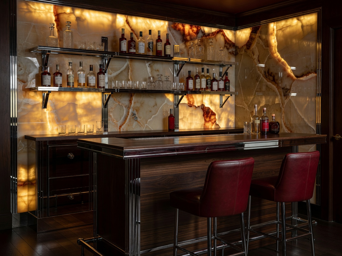 Bespoke Speakeasy Home Bar with Backlit Onyx and Chrome Accents
