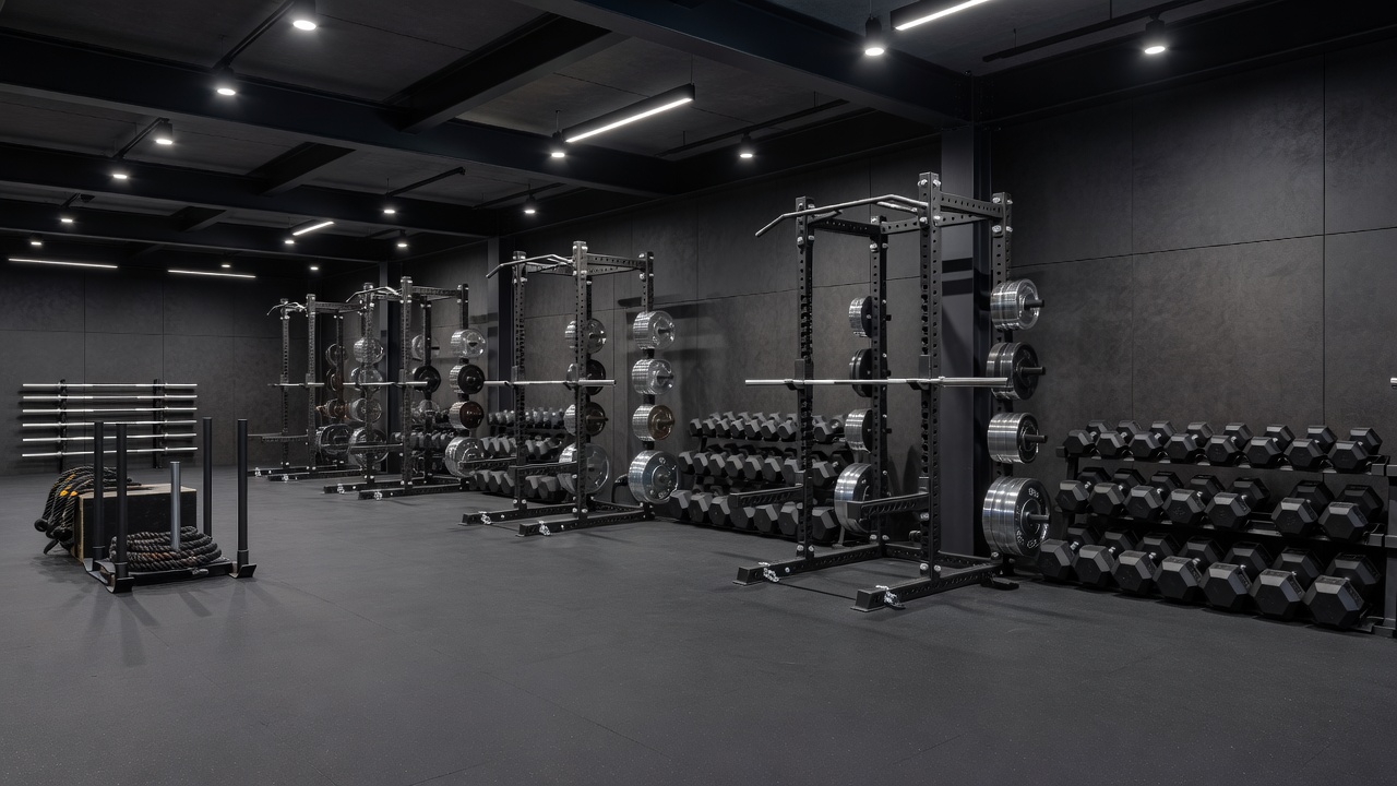 Custom High-End Athletic Gym with Power Racks and Dumbbell Arrays