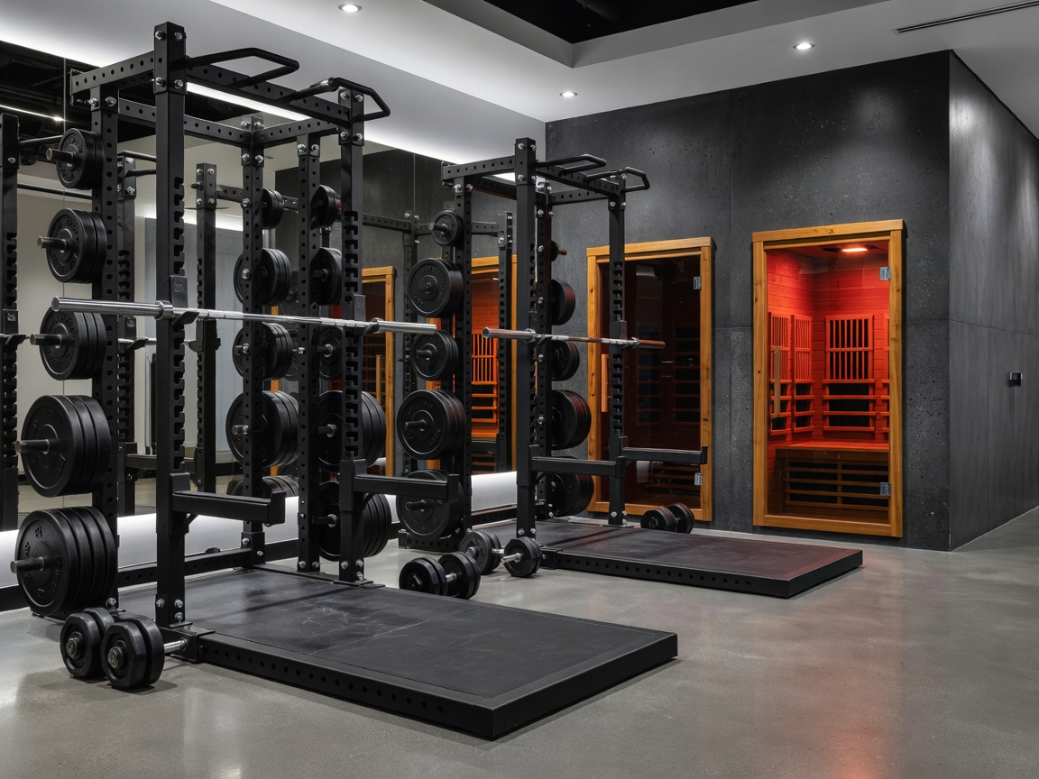 High-End Athletic Gym with Heavy Iron Racks and Infrared Saunas