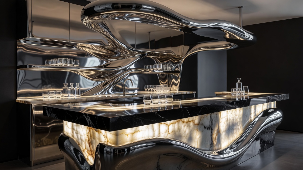 Modern Liquid Chrome Backlit Home Bar with Onyx Counters